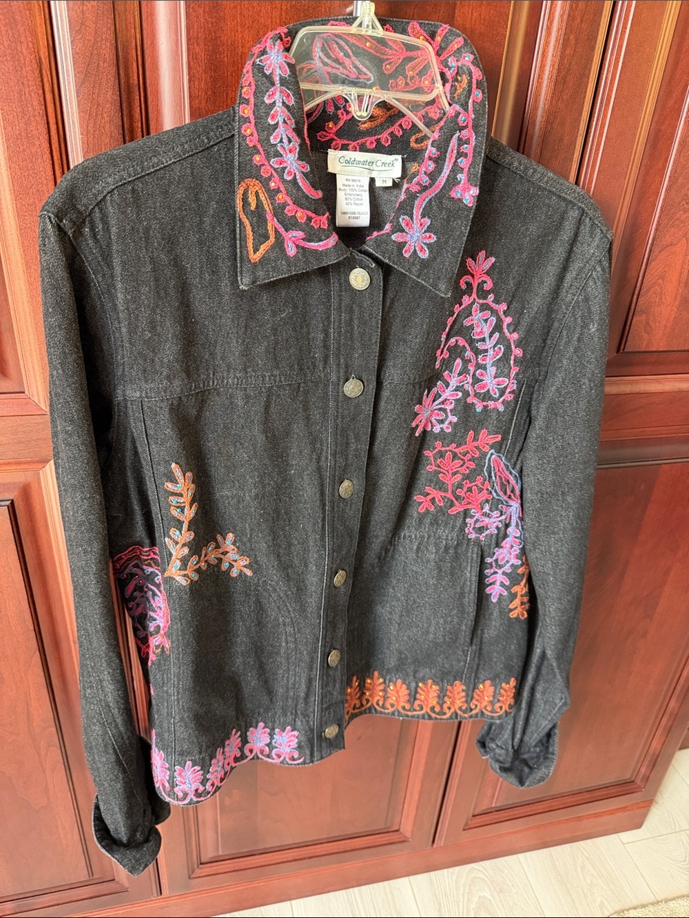 Coldwater Creek Black Denim Jacket with Pink & Orange Floral Embroidery